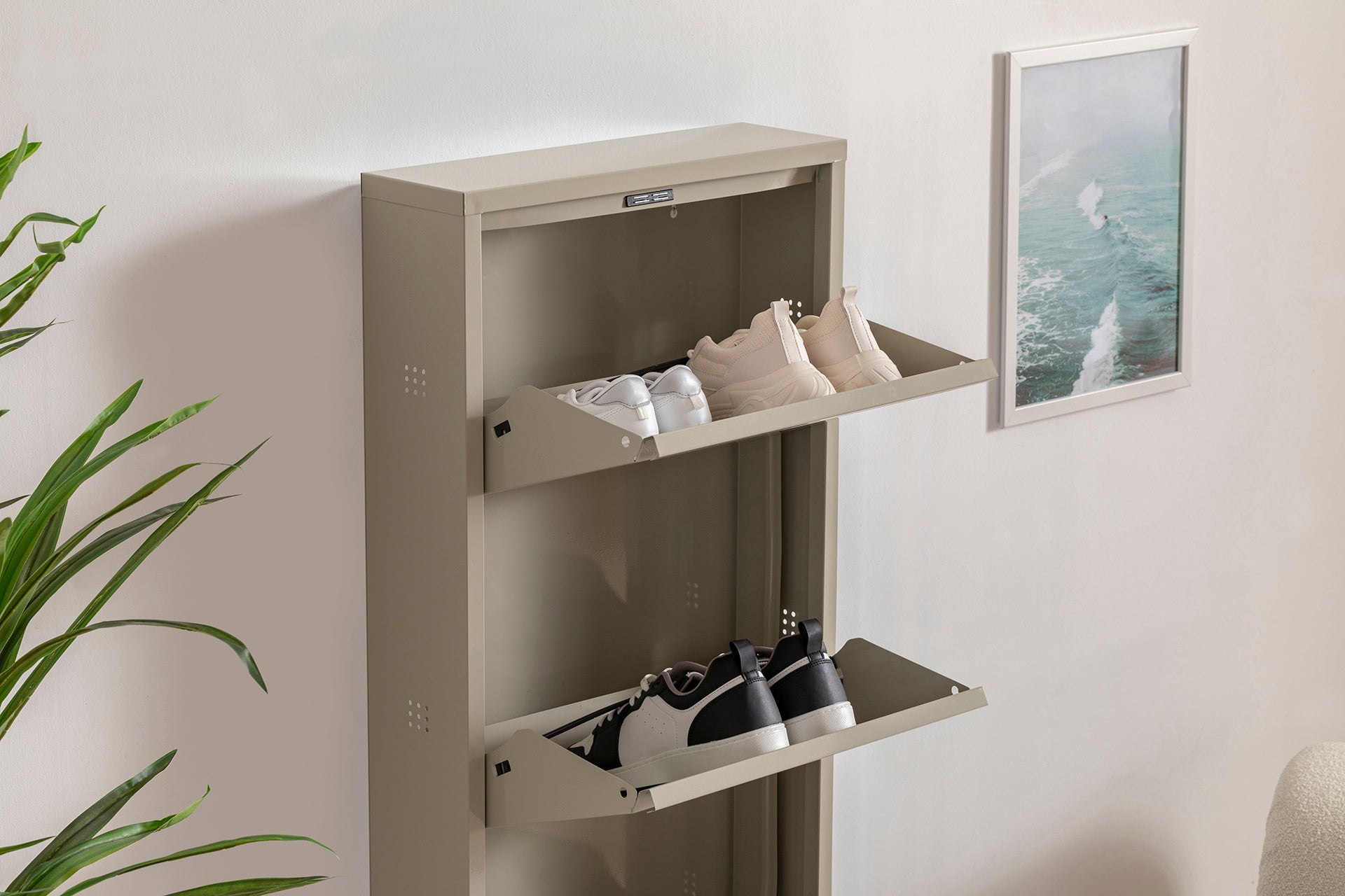 3 Shelves Metal Shoe Storage Cabinet Begie