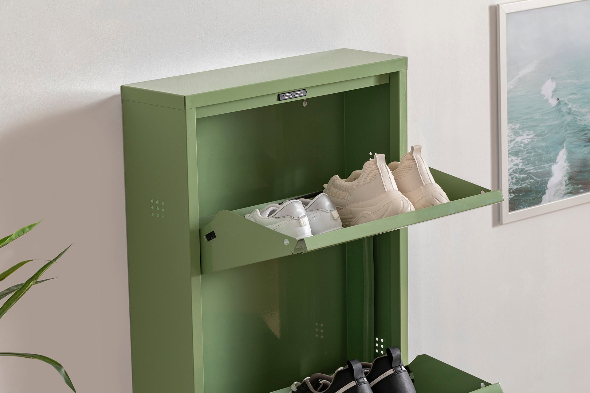 3 Shelves Metal Shoe Storage Cabinet Green