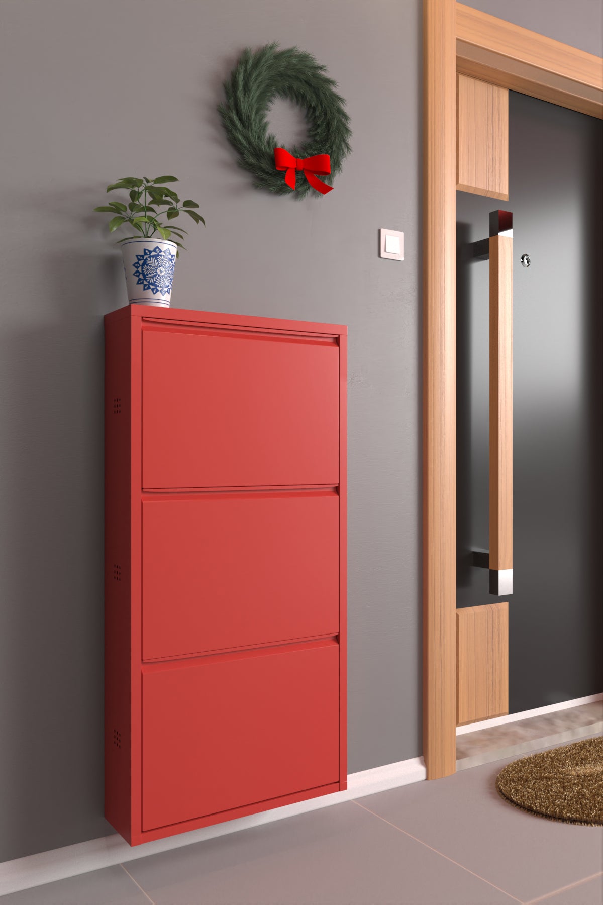 3 Shelves Metal Shoe Storage Cabinet Red