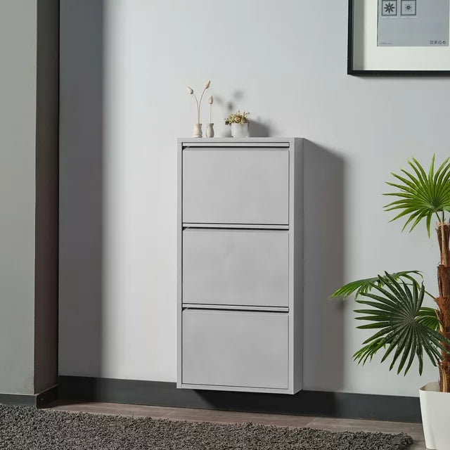 3 Shelves Metal Shoe Storage Cabinet Grey