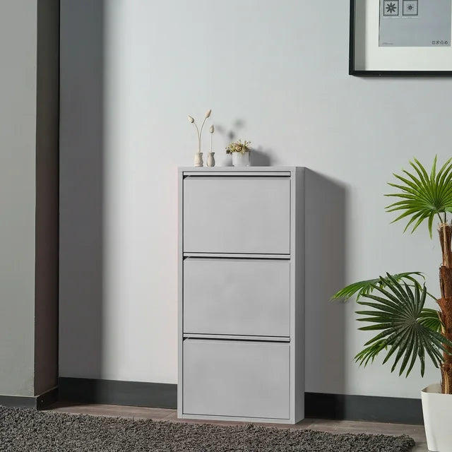 3 Shelves Metal Shoe Storage Cabinet Grey