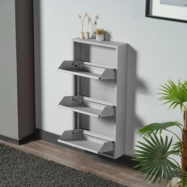 3 Shelves Metal Shoe Storage Cabinet Grey